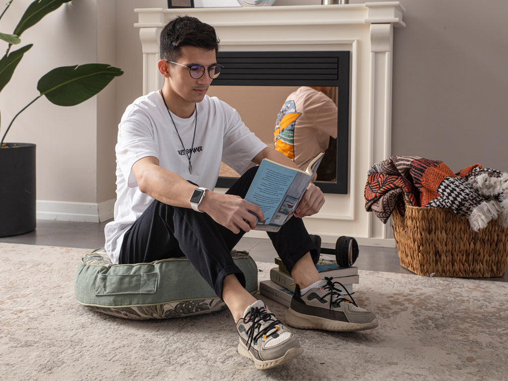 Yuvarlak Dekoratif Bahçe Minderi, Taşınabilir Balkon Pufu, 60x60cm, Gri Palmiye Desenli