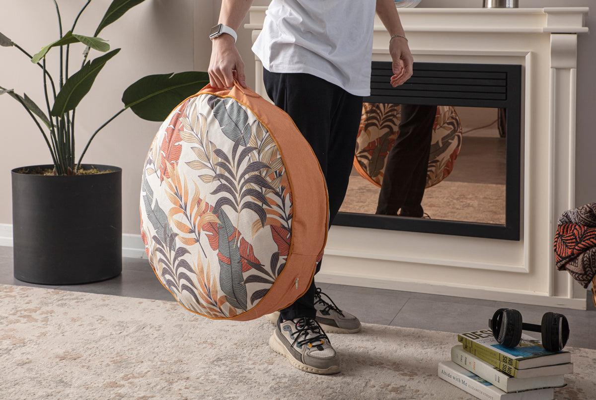 Yuvarlak Dekoratif Bahçe Minderi, Taşınabilir Balkon Pufu, 60x60cm, Turuncu Yaprak