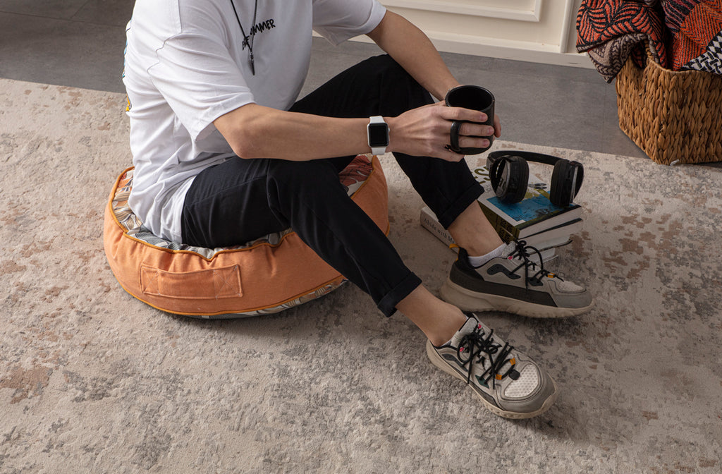 Yuvarlak Dekoratif Bahçe Minderi, Taşınabilir Balkon Pufu, 60x60cm, Turuncu Yaprak