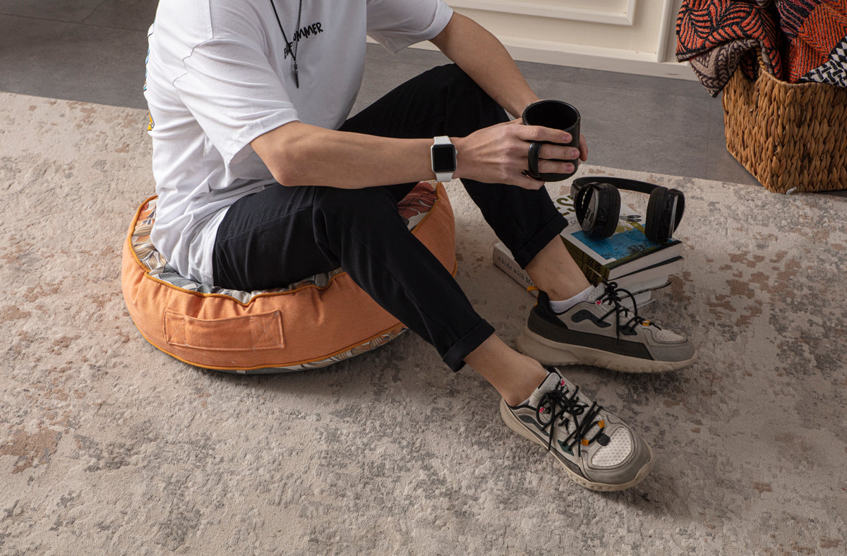 Yuvarlak Dekoratif Bahçe Minderi, Taşınabilir Balkon Pufu, 60x60cm, Turuncu Yaprak