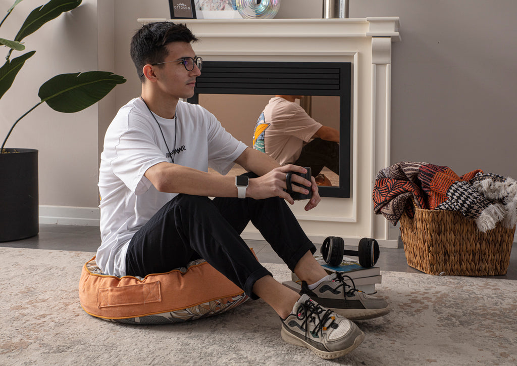 Yuvarlak Dekoratif Bahçe Minderi, Taşınabilir Balkon Pufu, 60x60cm, Turuncu Yaprak