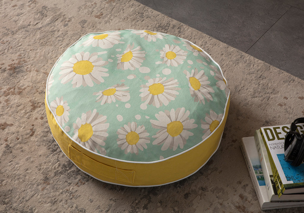 Yuvarlak Dekoratif Bahçe Minderi, Taşınabilir Balkon Pufu, 60x60cm, Papatya Desenli