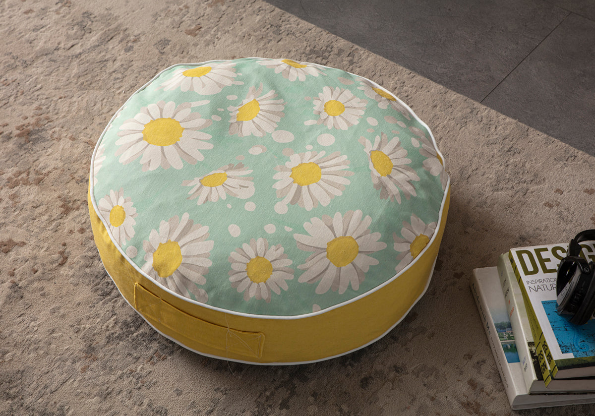Yuvarlak Dekoratif Bahçe Minderi, Taşınabilir Balkon Pufu, 60x60cm, Papatya Desenli