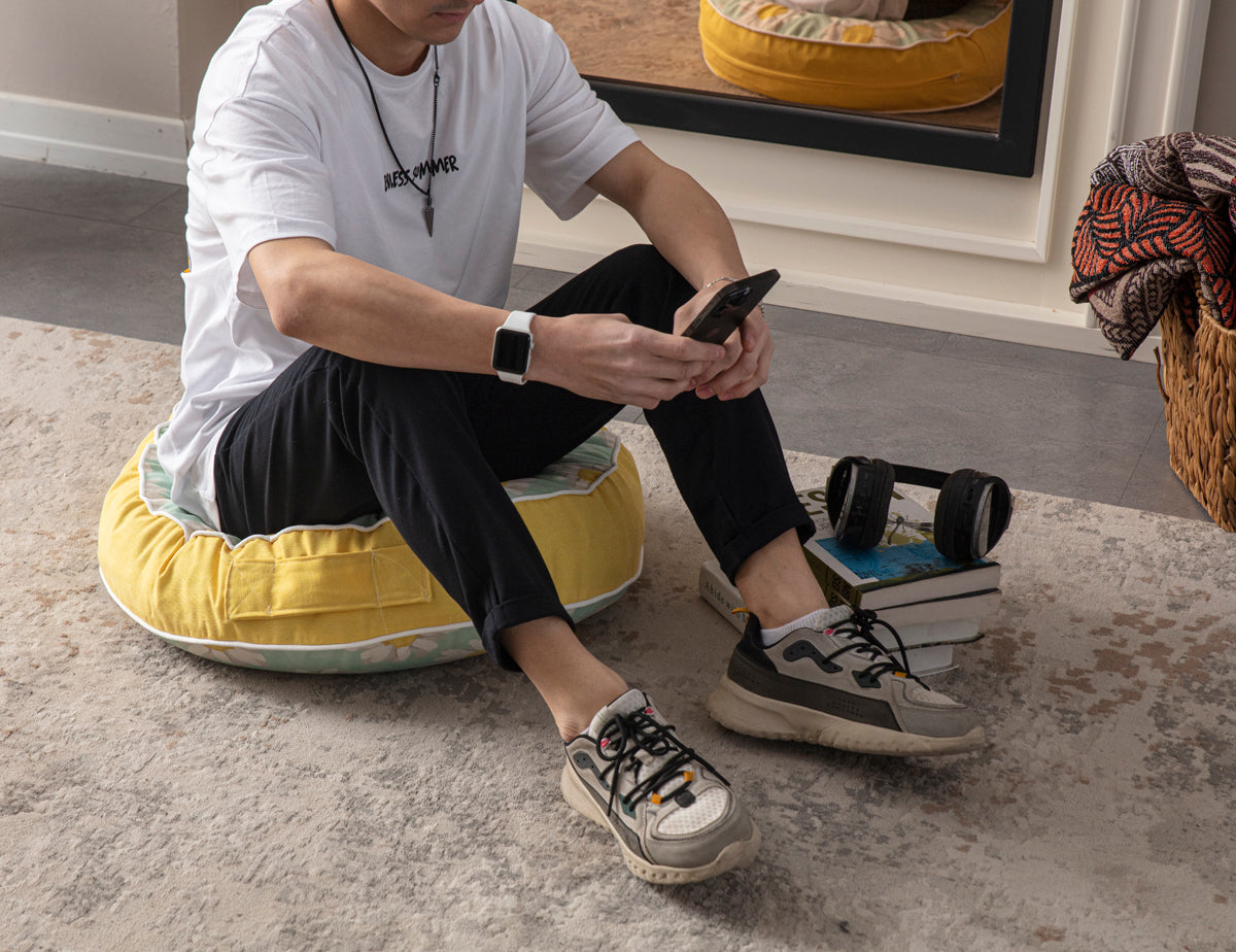 Yuvarlak Dekoratif Bahçe Minderi, Taşınabilir Balkon Pufu, 60x60cm, Papatya Desenli