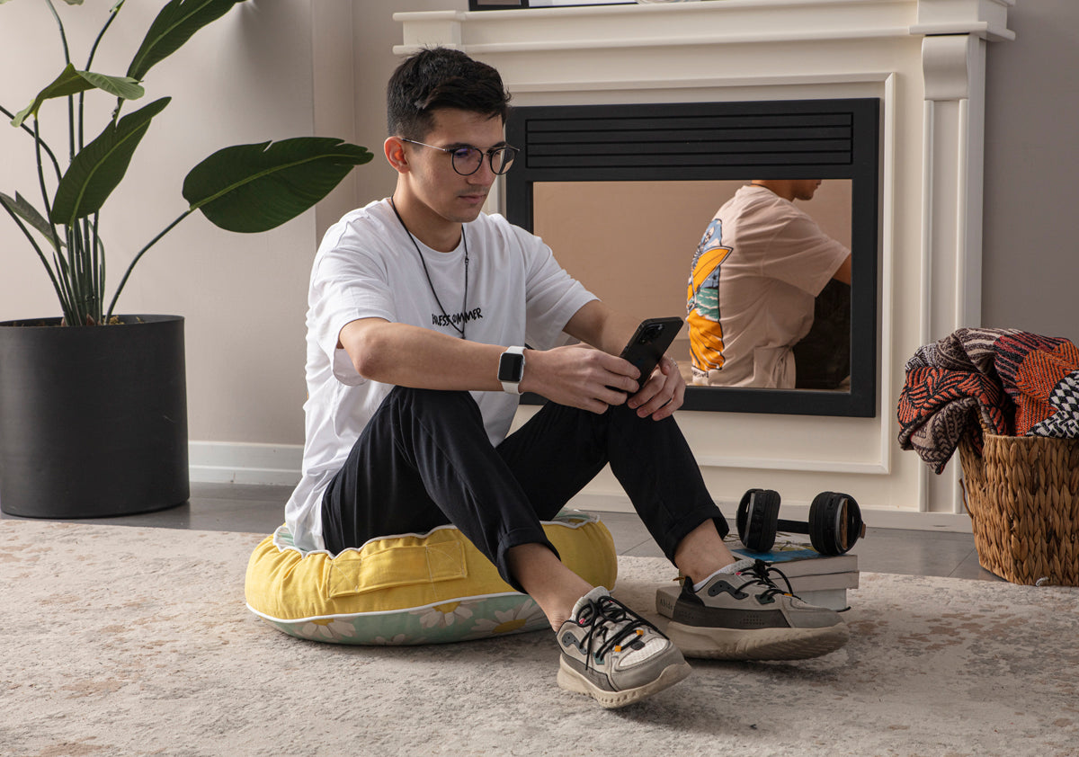 Yuvarlak Dekoratif Bahçe Minderi, Taşınabilir Balkon Pufu, 60x60cm, Papatya Desenli