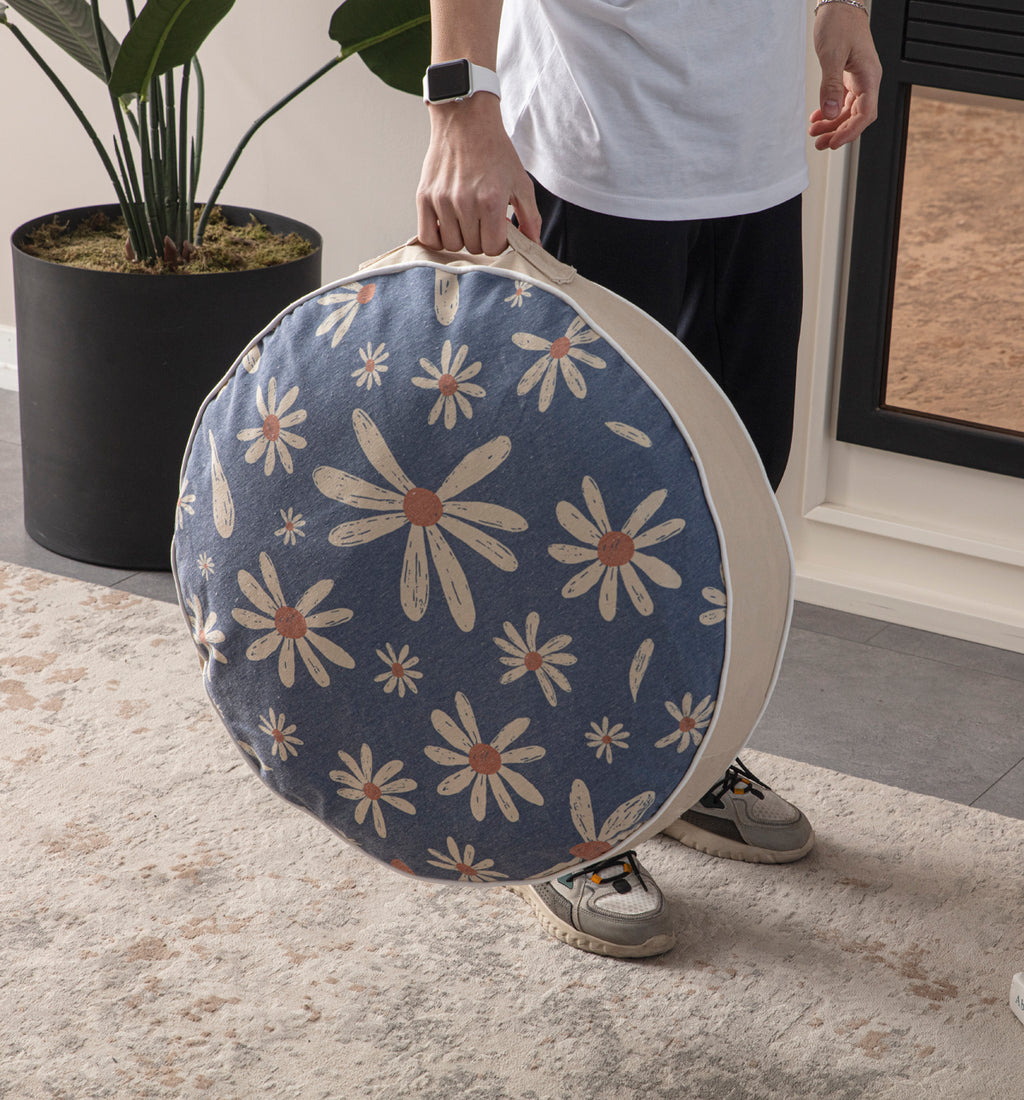 Yuvarlak Dekoratif Bahçe Minderi, Taşınabilir Balkon Pufu, 60x60cm, Mavi Çiçek