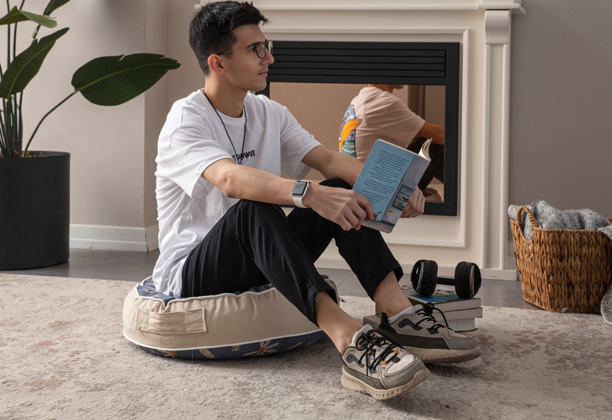 Yuvarlak Dekoratif Bahçe Minderi, Taşınabilir Balkon Pufu, 60x60cm, Mavi Çiçek