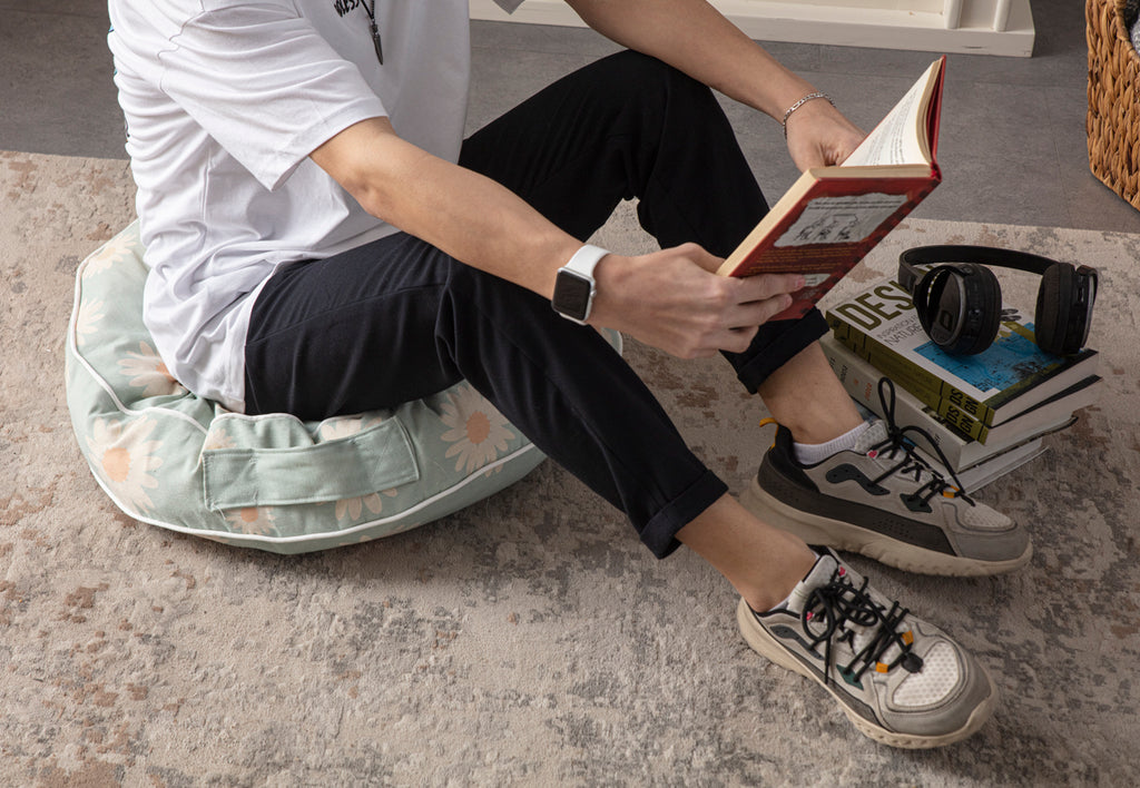 Yuvarlak Dekoratif Bahçe Minderi, Taşınabilir Balkon Pufu, 60x60cm, Su Yeşili Papatya Desenli