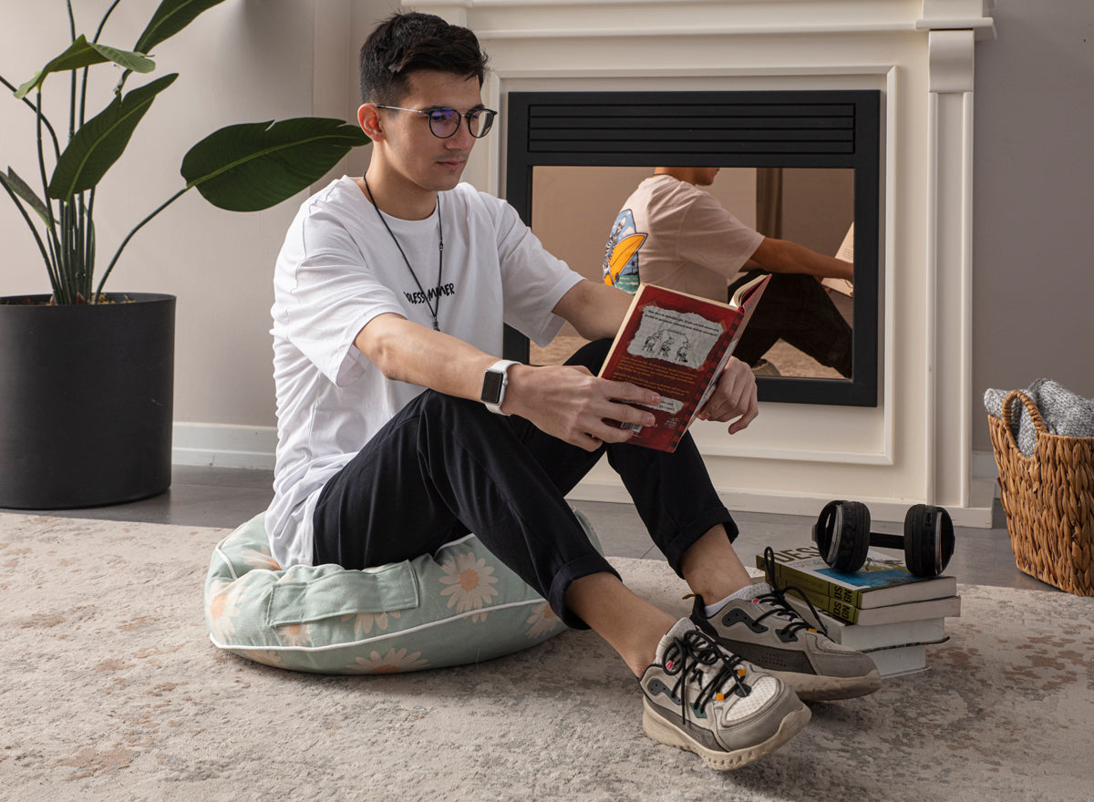 Yuvarlak Dekoratif Bahçe Minderi, Taşınabilir Balkon Pufu, 60x60cm, Su Yeşili Papatya Desenli