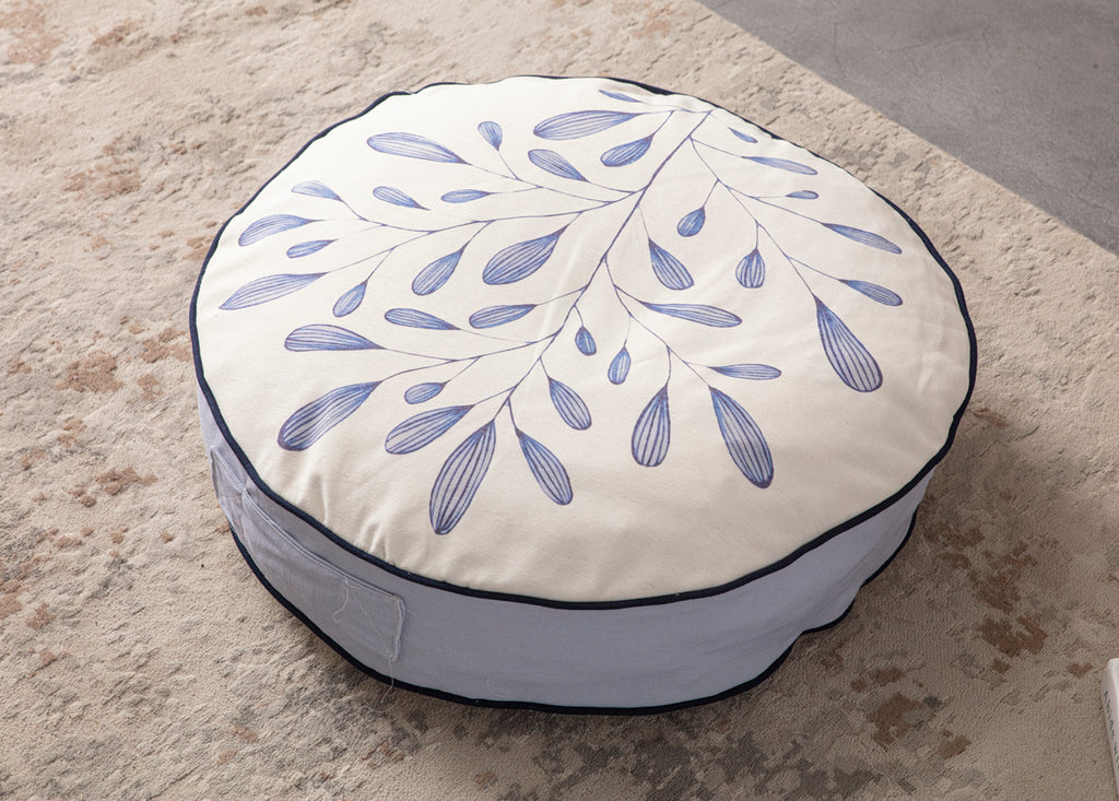 Yuvarlak Dekoratif Bahçe Minderi, Taşınabilir Balkon Pufu, 60x60cm, Mavi Yaprak Desenli