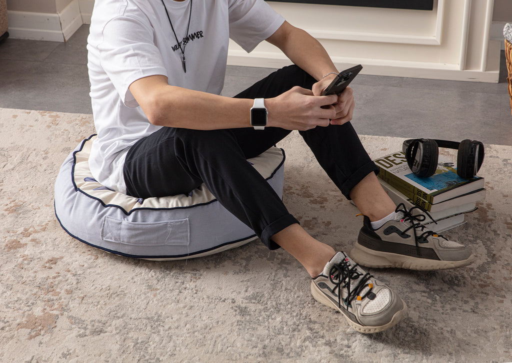 Yuvarlak Dekoratif Bahçe Minderi, Taşınabilir Balkon Pufu, 60x60cm, Mavi Yaprak Desenli