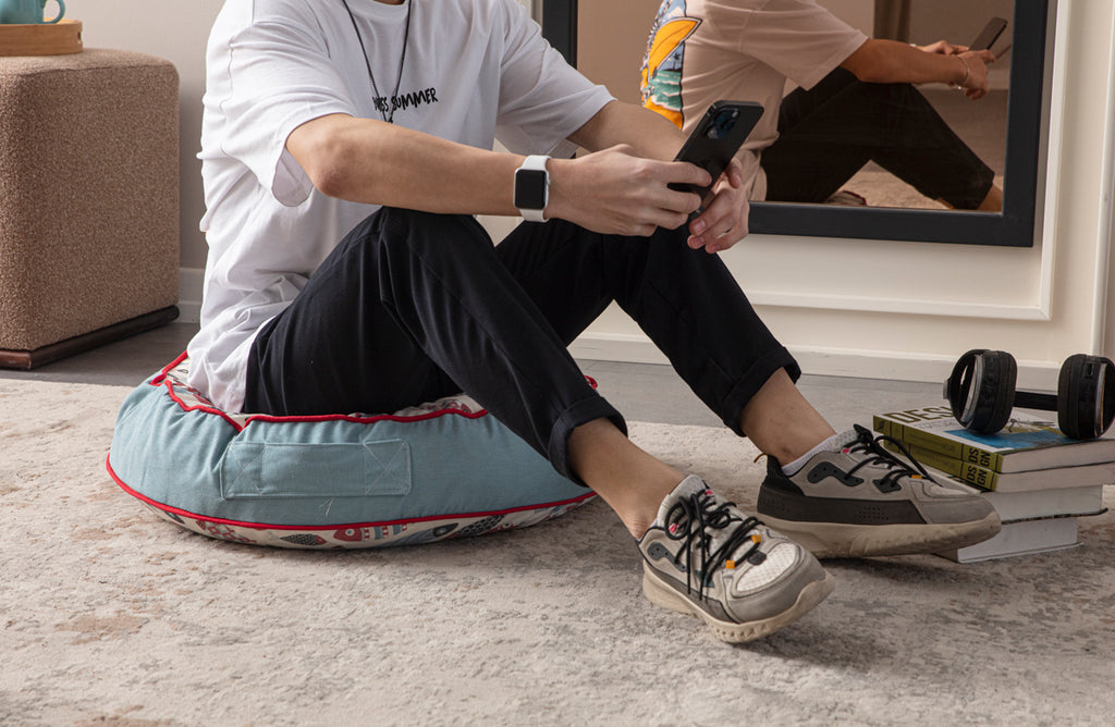 Yuvarlak Dekoratif Bahçe Minderi, Taşınabilir Balkon Pufu, 60x60cm, Balık Desenli