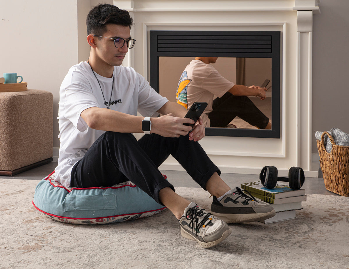 Yuvarlak Dekoratif Bahçe Minderi, Taşınabilir Balkon Pufu, 60x60cm, Balık Desenli