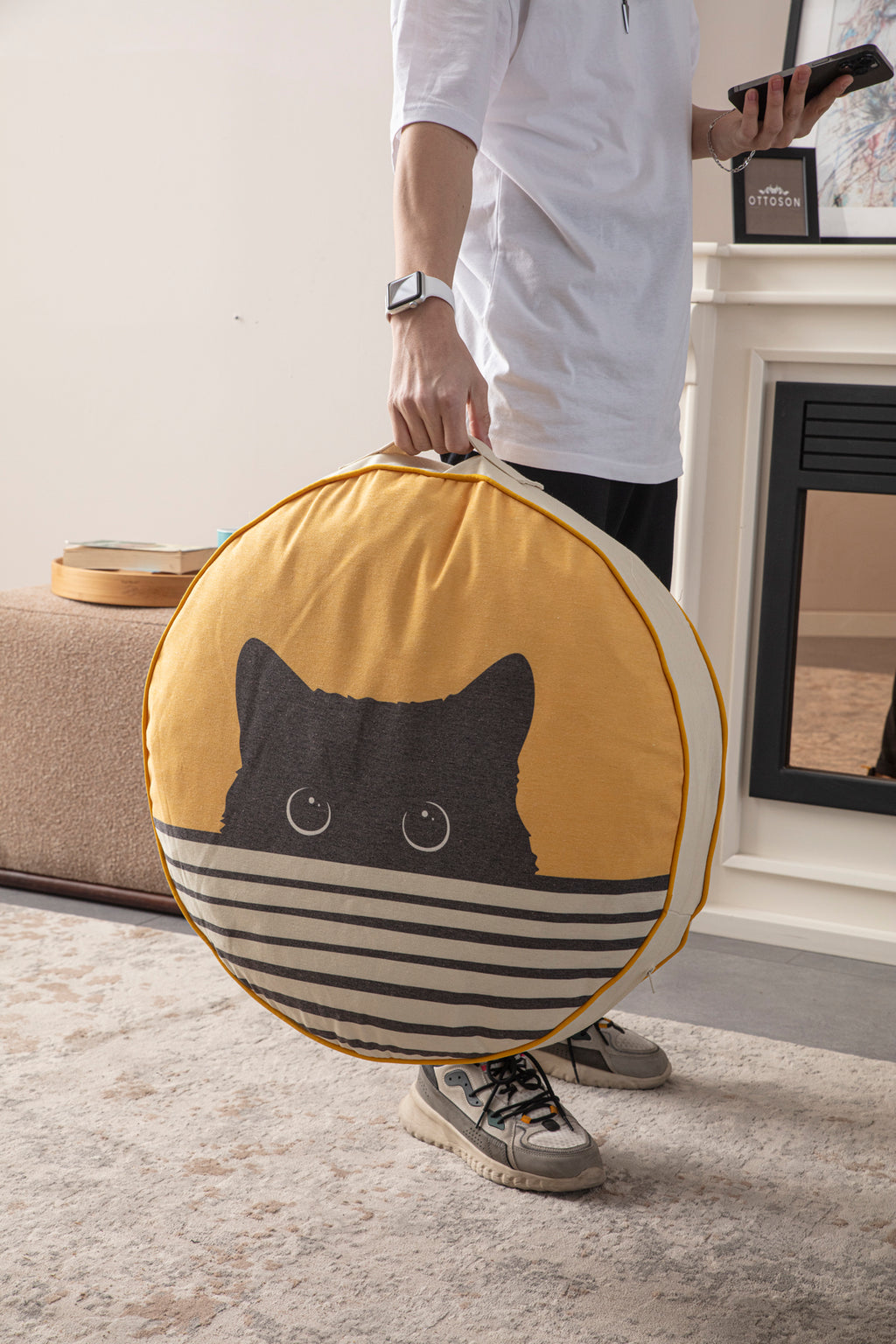 Yuvarlak Dekoratif Bahçe Minderi, Taşınabilir Balkon Pufu, 60x60cm, Kedi Minderi, Kedi Evi