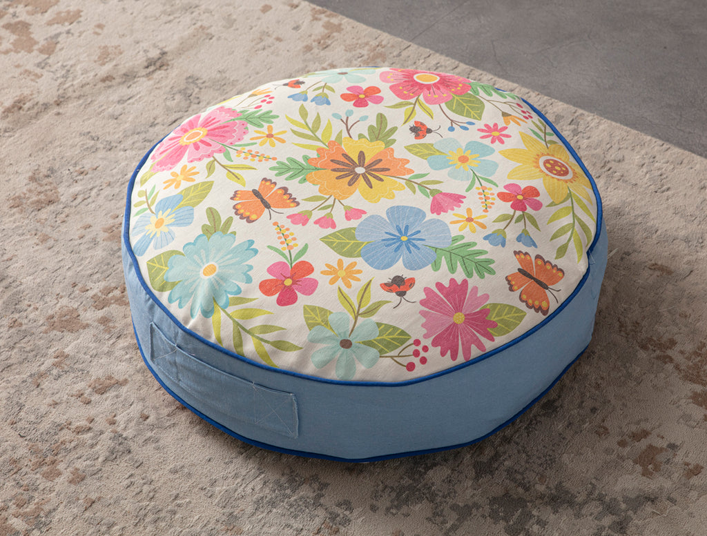 Yuvarlak Dekoratif Bahçe Minderi, Taşınabilir Balkon Pufu, 60x60cm, Renkli Çiçek