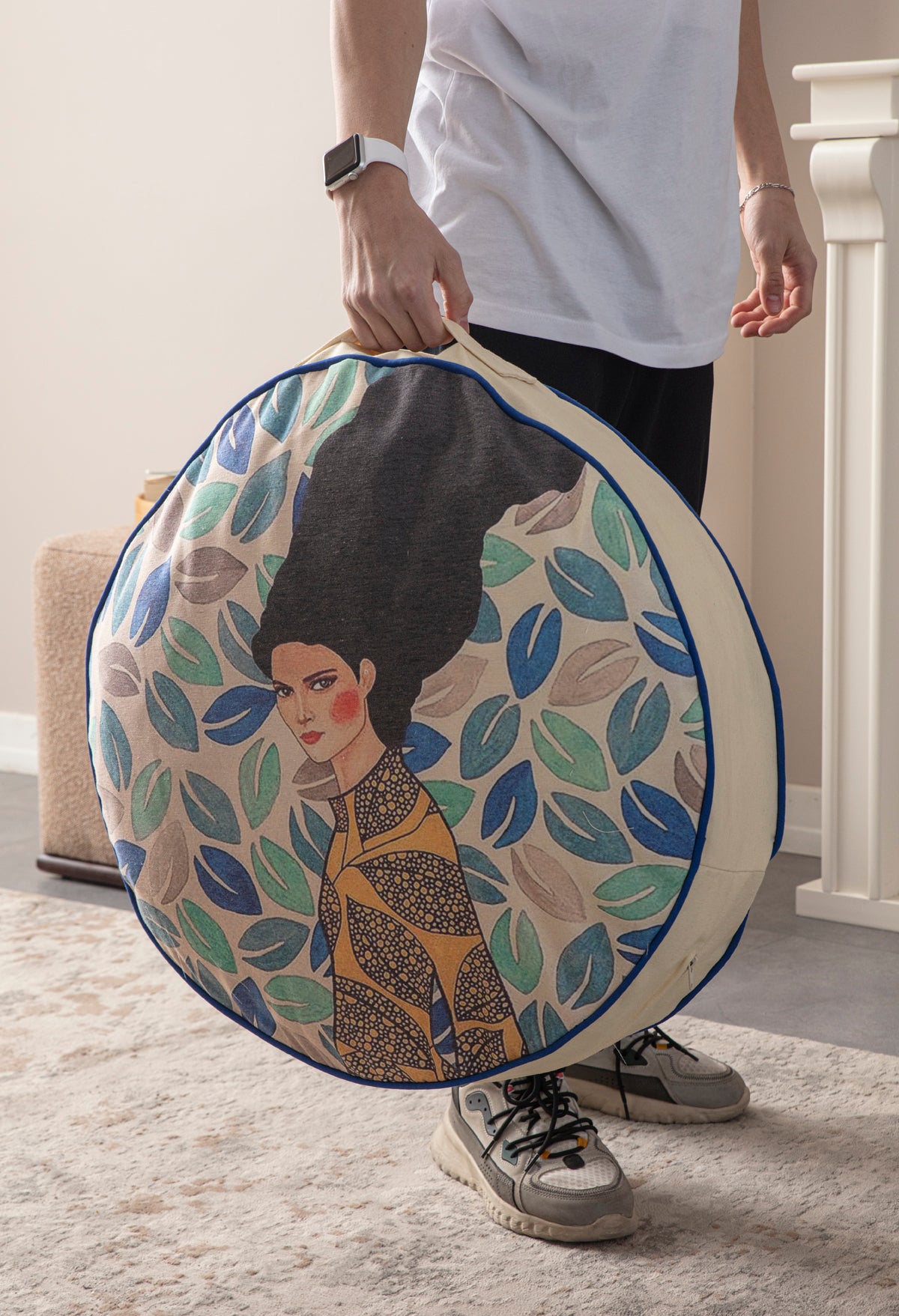 Yuvarlak Dekoratif Bahçe Minderi, Taşınabilir Balkon Pufu, 60x60cm, Mavi Deniz Kızı