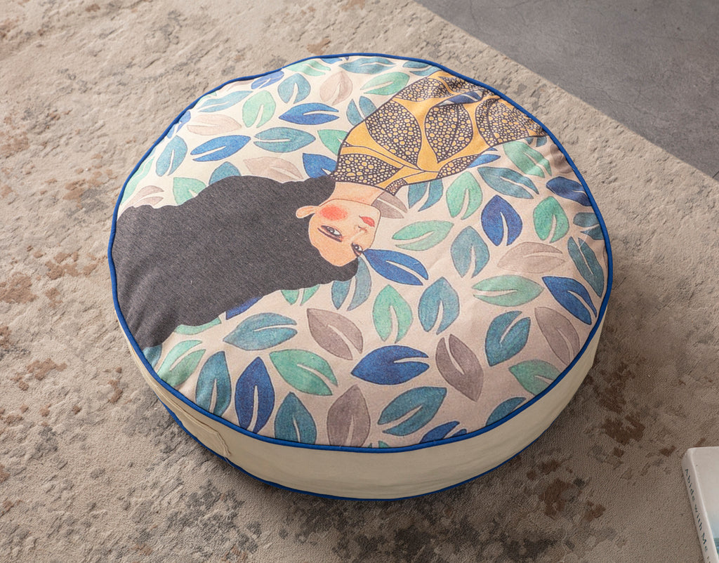 Yuvarlak Dekoratif Bahçe Minderi, Taşınabilir Balkon Pufu, 60x60cm, Mavi Deniz Kızı