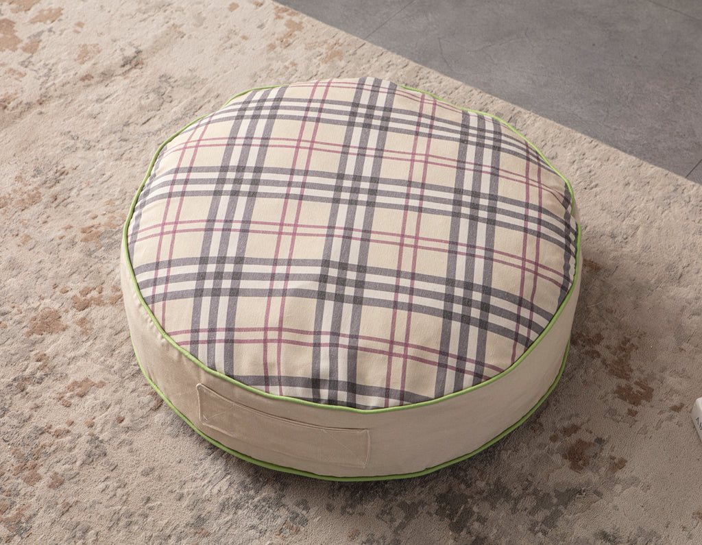 Yuvarlak Dekoratif Bahçe Minderi, Taşınabilir Balkon Pufu, 60x60cm, Krem Ekoseli Desenli