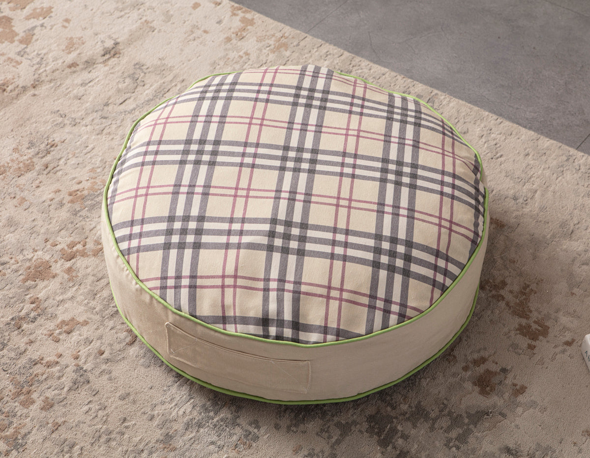 Yuvarlak Dekoratif Bahçe Minderi, Taşınabilir Balkon Pufu, 60x60cm, Krem Ekoseli Desenli