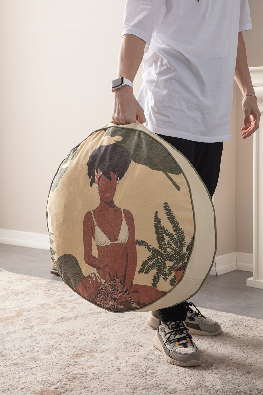 Yuvarlak Dekoratif Bahçe Minderi, Taşınabilir Balkon Pufu, 60x60cm, Porte