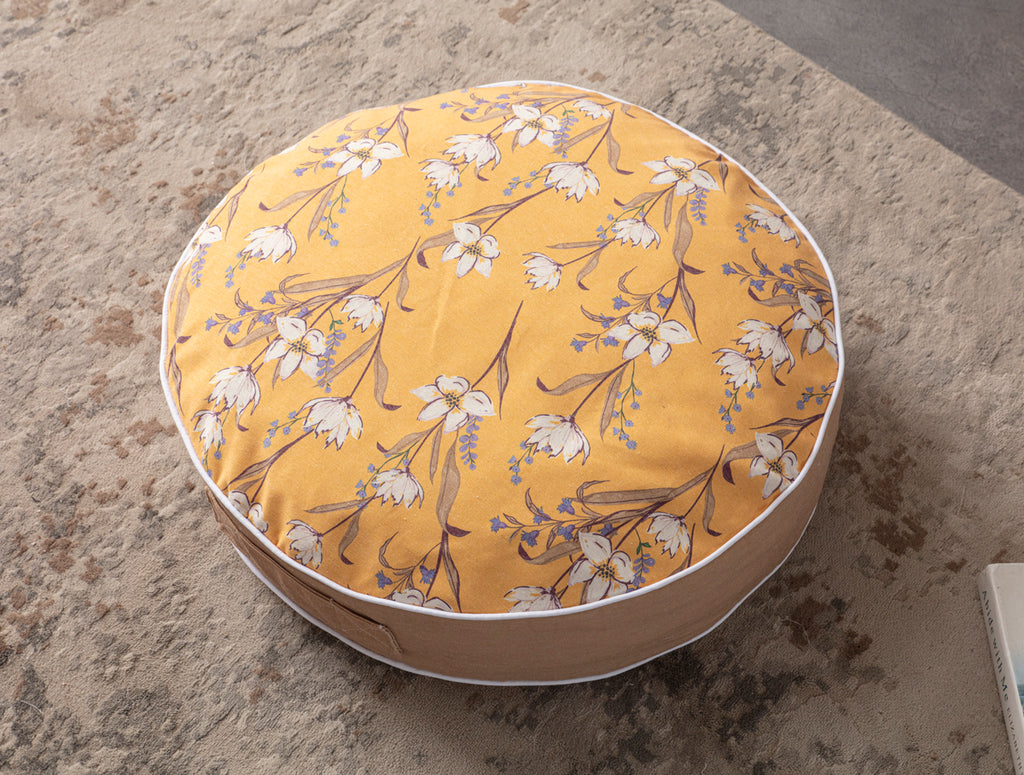 Yuvarlak Dekoratif Bahçe Minderi, Taşınabilir Balkon Pufu, 60x60cm, Turuncu Çiçek Desenli