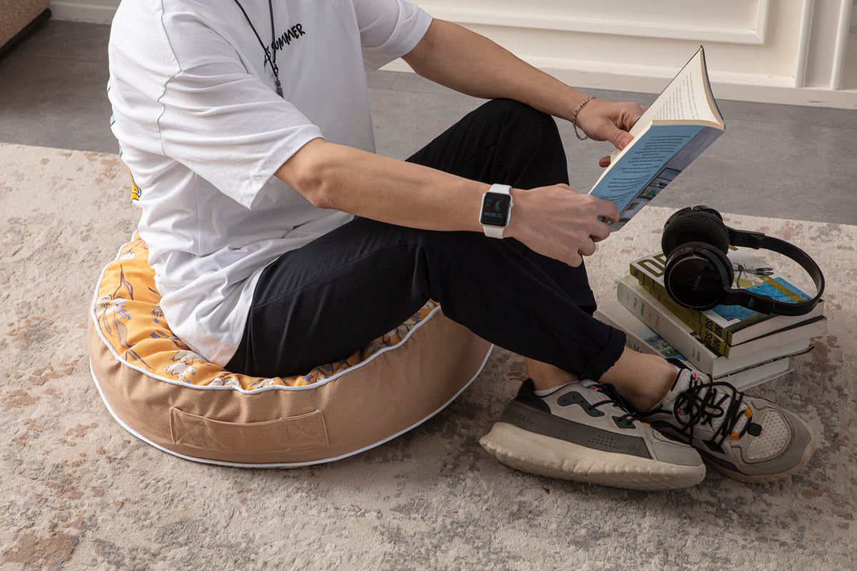 Yuvarlak Dekoratif Bahçe Minderi, Taşınabilir Balkon Pufu, 60x60cm, Turuncu Çiçek Desenli