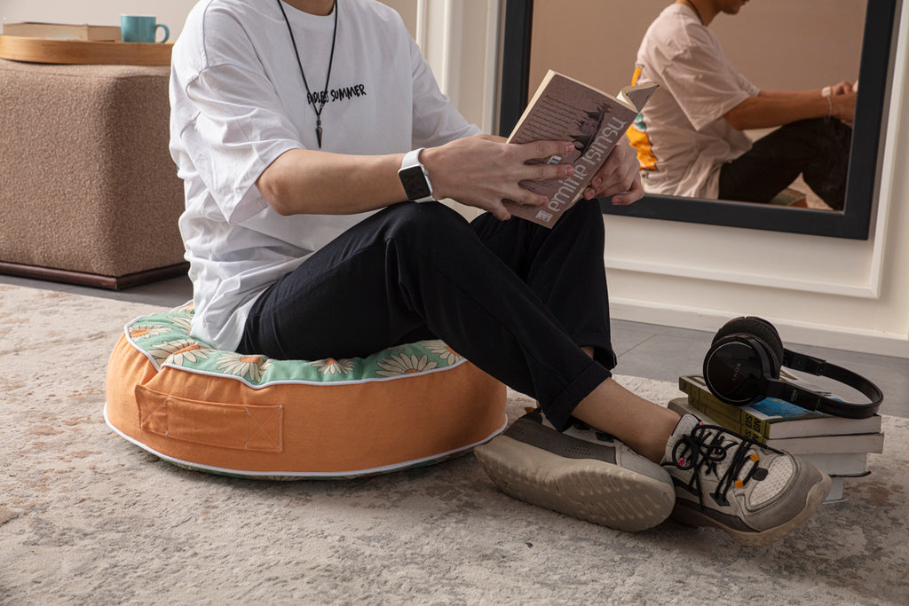 Yuvarlak Dekoratif Bahçe Minderi, Taşınabilir Balkon Pufu, 60x60cm, Turkuaz Papatya