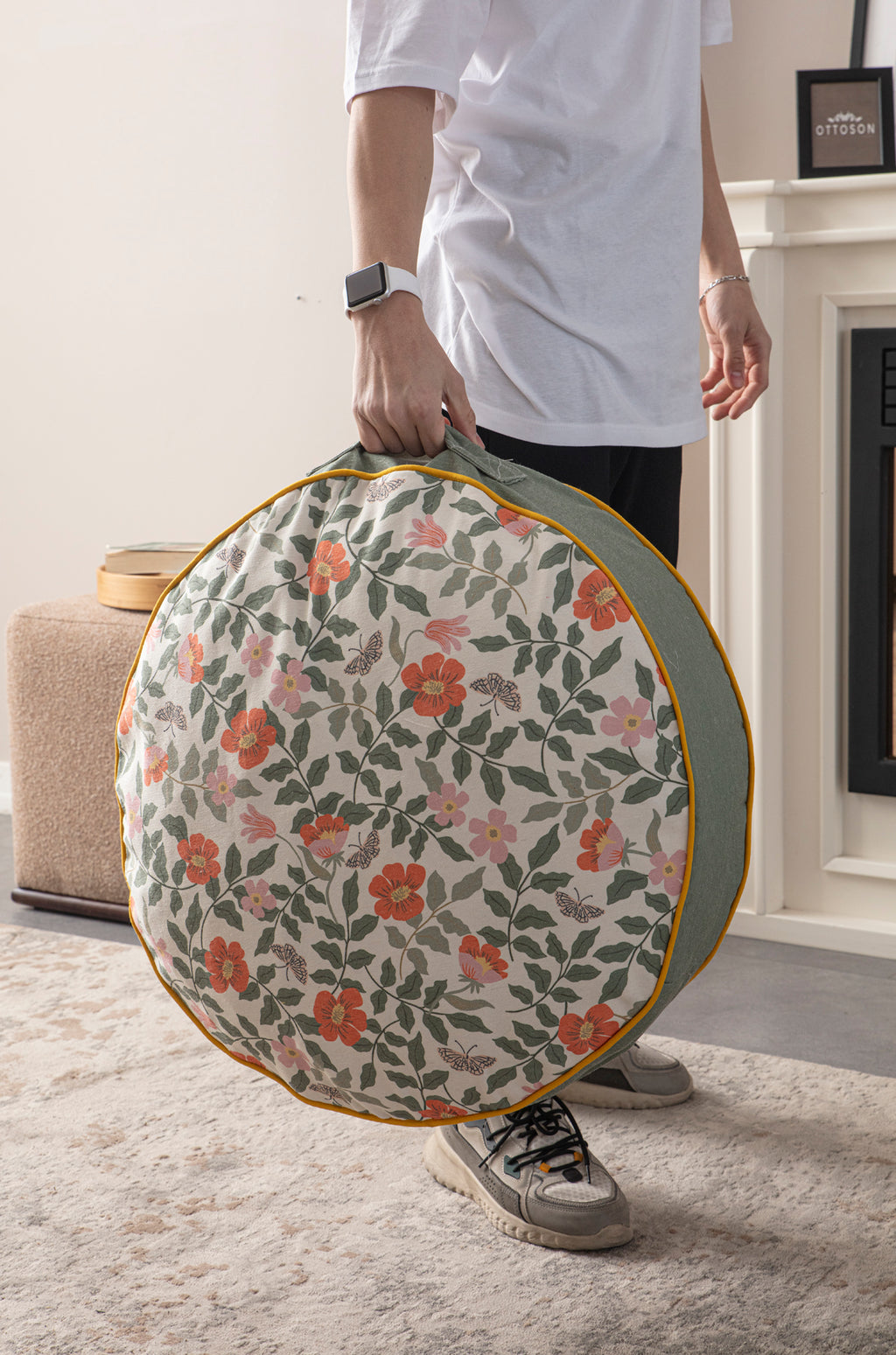 Yuvarlak Dekoratif Bahçe Minderi, Taşınabilir Balkon Pufu, 60x60cm, Yeşil Çiçek Desenli