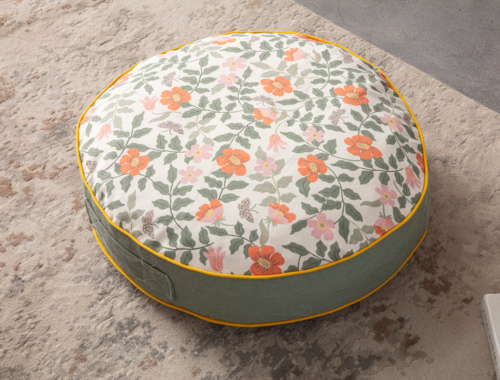 Yuvarlak Dekoratif Bahçe Minderi, Taşınabilir Balkon Pufu, 60x60cm, Yeşil Çiçek Desenli