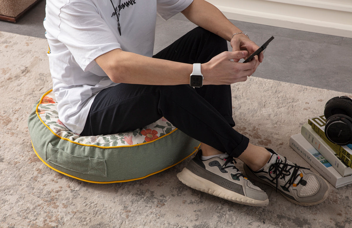 Yuvarlak Dekoratif Bahçe Minderi, Taşınabilir Balkon Pufu, 60x60cm, Yeşil Çiçek Desenli