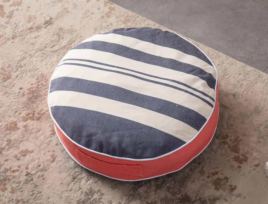 Yuvarlak Dekoratif Bahçe Minderi, Taşınabilir Balkon Pufu, 60x60cm, Mavi Çizgili