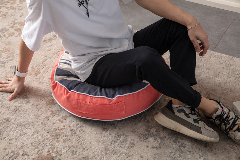 Yuvarlak Dekoratif Bahçe Minderi, Taşınabilir Balkon Pufu, 60x60cm, Mavi Çizgili