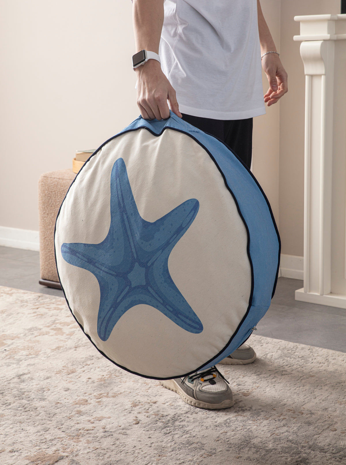 Yuvarlak Dekoratif Bahçe Minderi, Taşınabilir Balkon Pufu, 60x60cm, Deniz Yıldızı