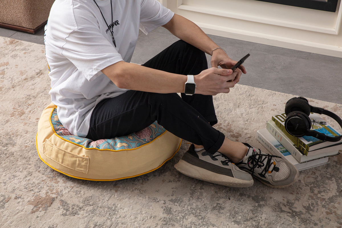 Yuvarlak Dekoratif Bahçe Minderi, Taşınabilir Balkon Pufu, 60x60cm, Bohem Desenli