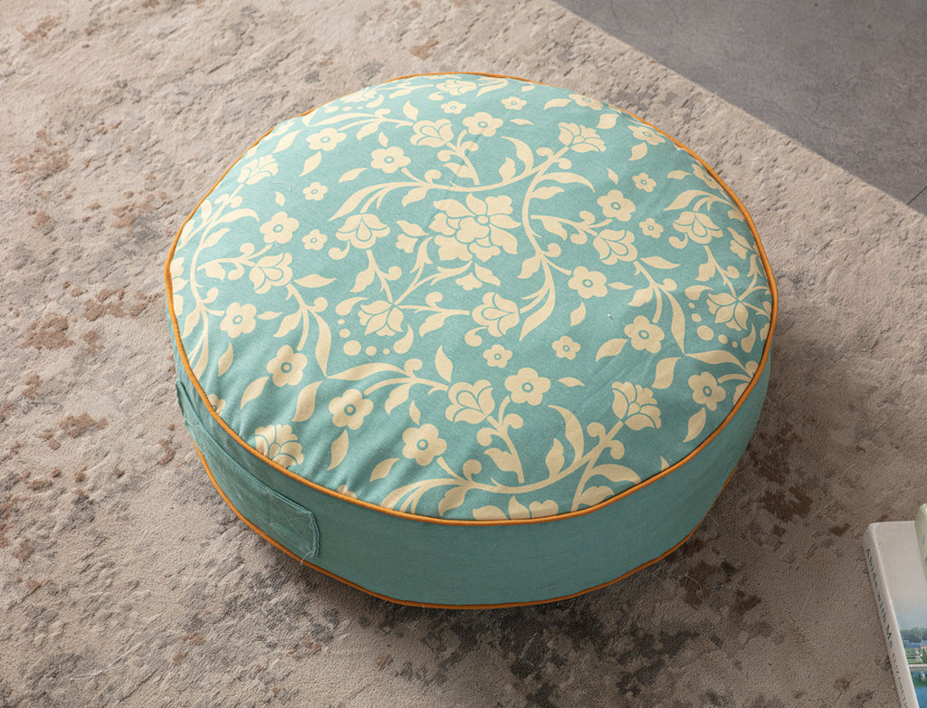Yuvarlak Dekoratif Bahçe Minderi, Taşınabilir Balkon Pufu, 60x60cm, Yeşil Bohem Desenli