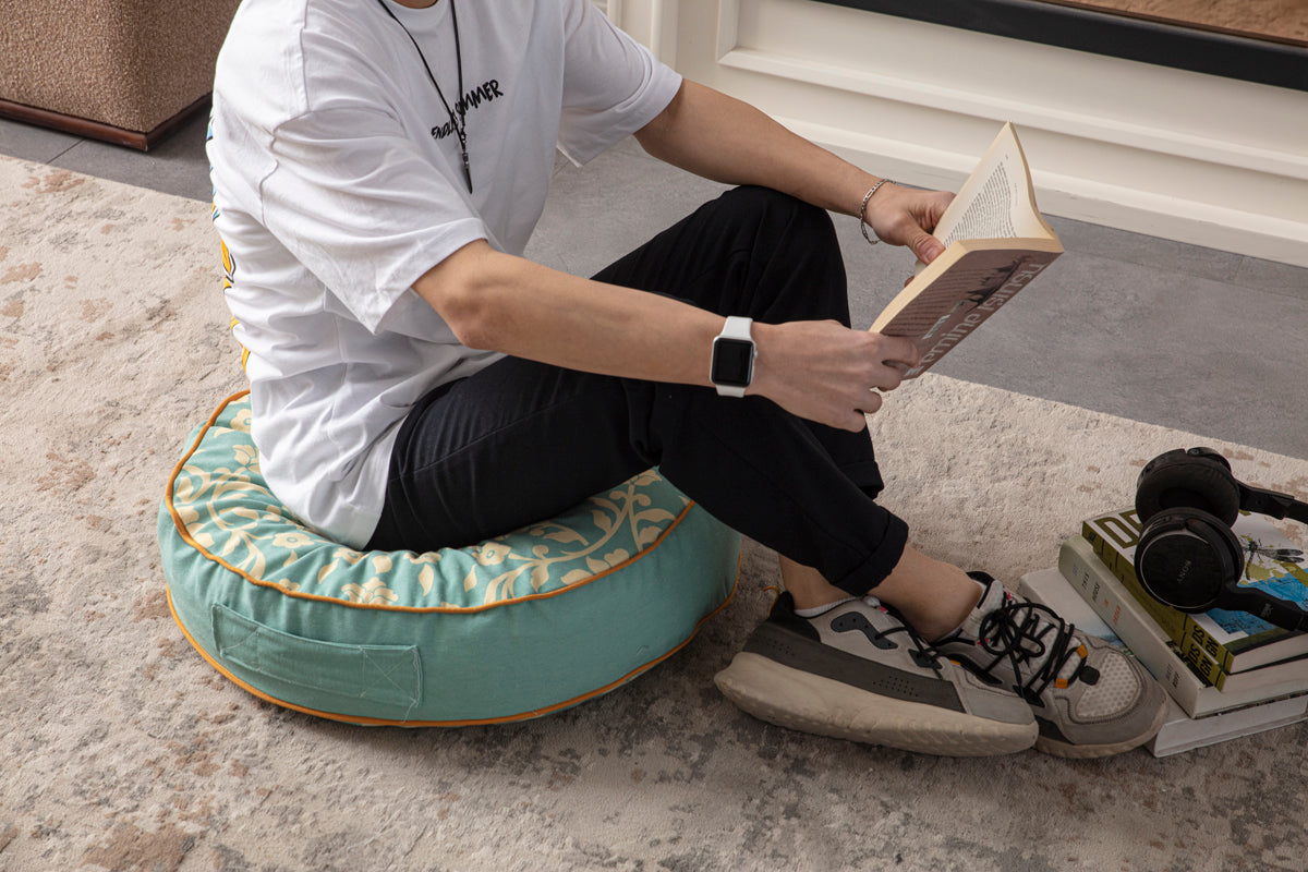 Yuvarlak Dekoratif Bahçe Minderi, Taşınabilir Balkon Pufu, 60x60cm, Yeşil Bohem Desenli