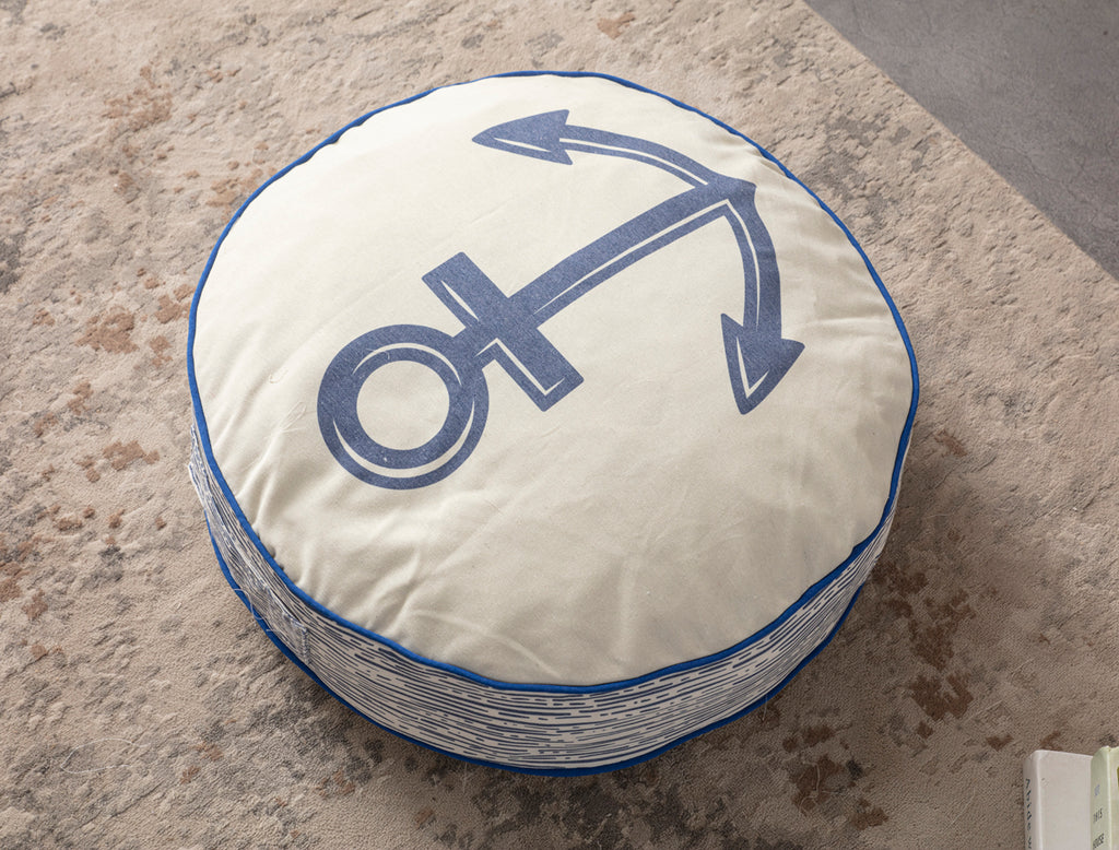 Yuvarlak Dekoratif Bahçe Minderi, Taşınabilir Balkon Pufu, 60x60cm, Beyaz Çapa Desenli