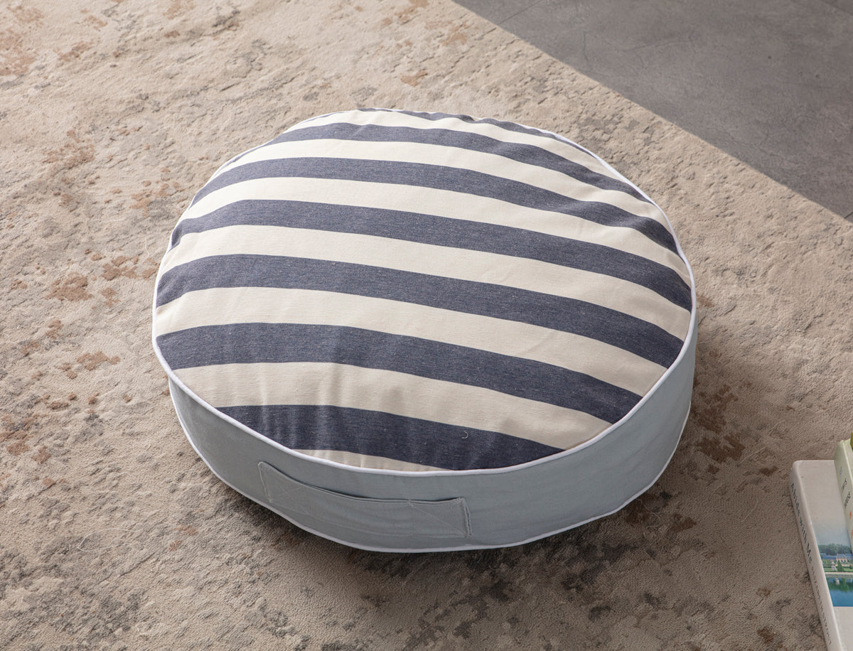 Yuvarlak Dekoratif Bahçe Minderi, Balkon Pufu 60x60cm, Mavi Çizgi Desenli