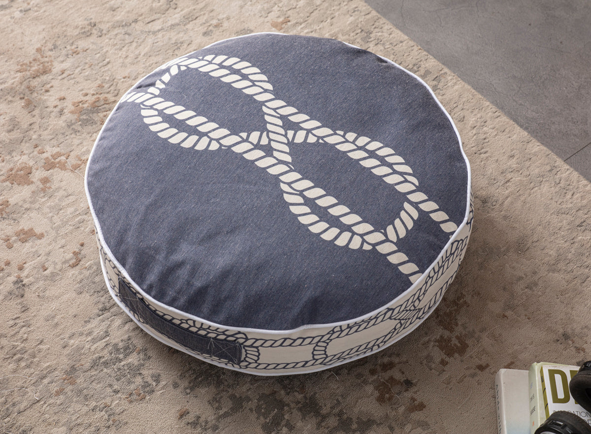 Yuvarlak Dekoratif Bahçe Minderi, Balkon Pufu 60x60cm, Mavi Çapa Desenli