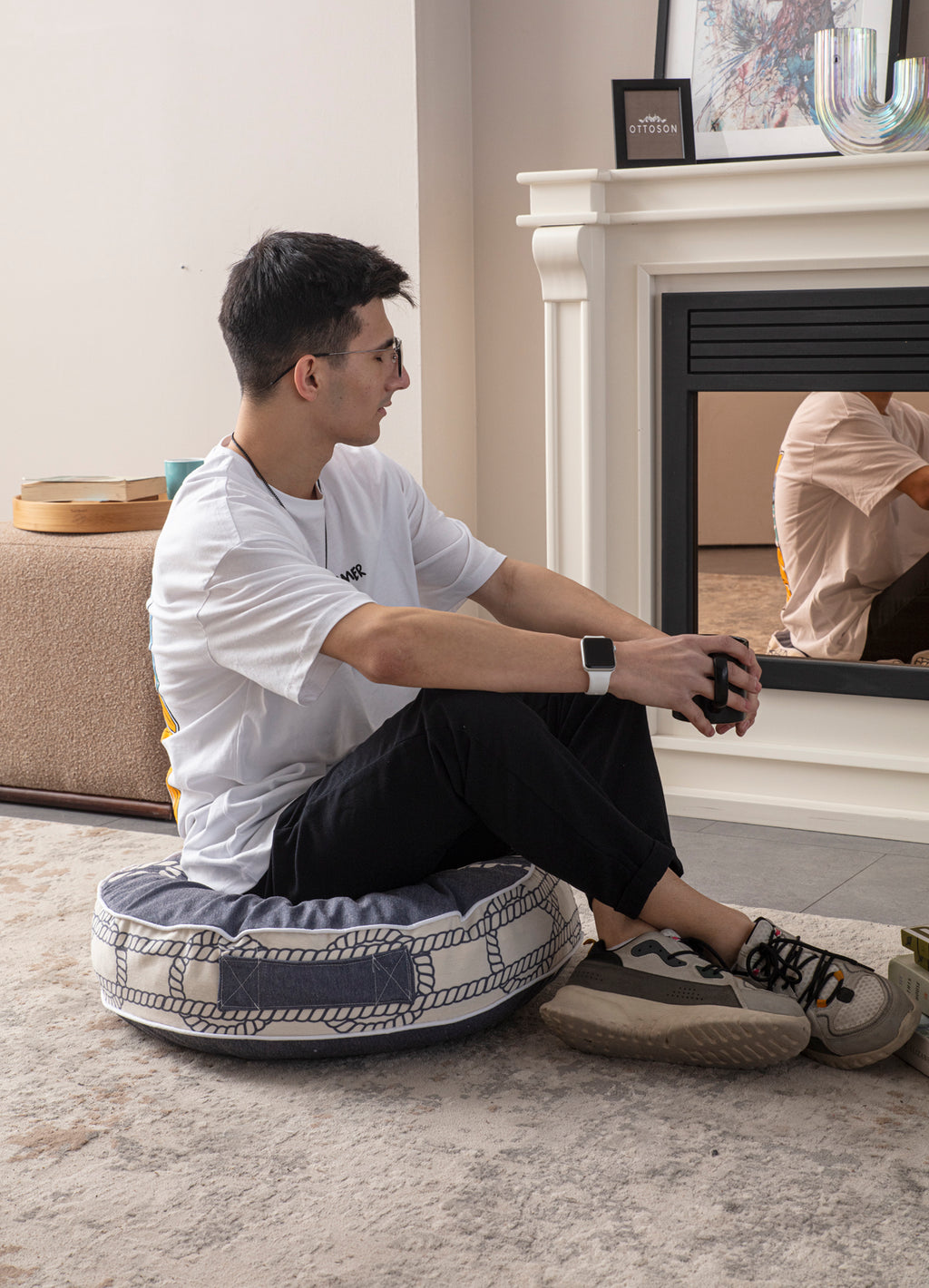 Yuvarlak Dekoratif Bahçe Minderi, Balkon Pufu 60x60cm, Mavi Çapa Desenli