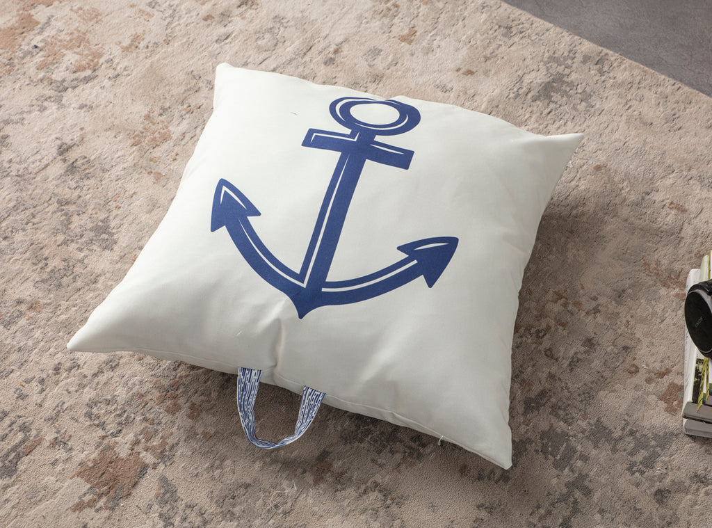 Kare Yer Minderi Aynasız, Dekoratif Puf Minder Kare, Taşınabilir Yastık, Çapa Desenli