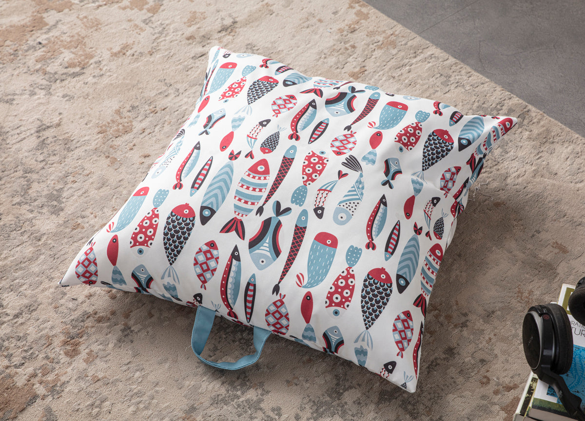 Kare Yer Minderi Aynasız, Dekoratif Puf Minder Kare, Taşınabilir Yastık, Balık Desenli