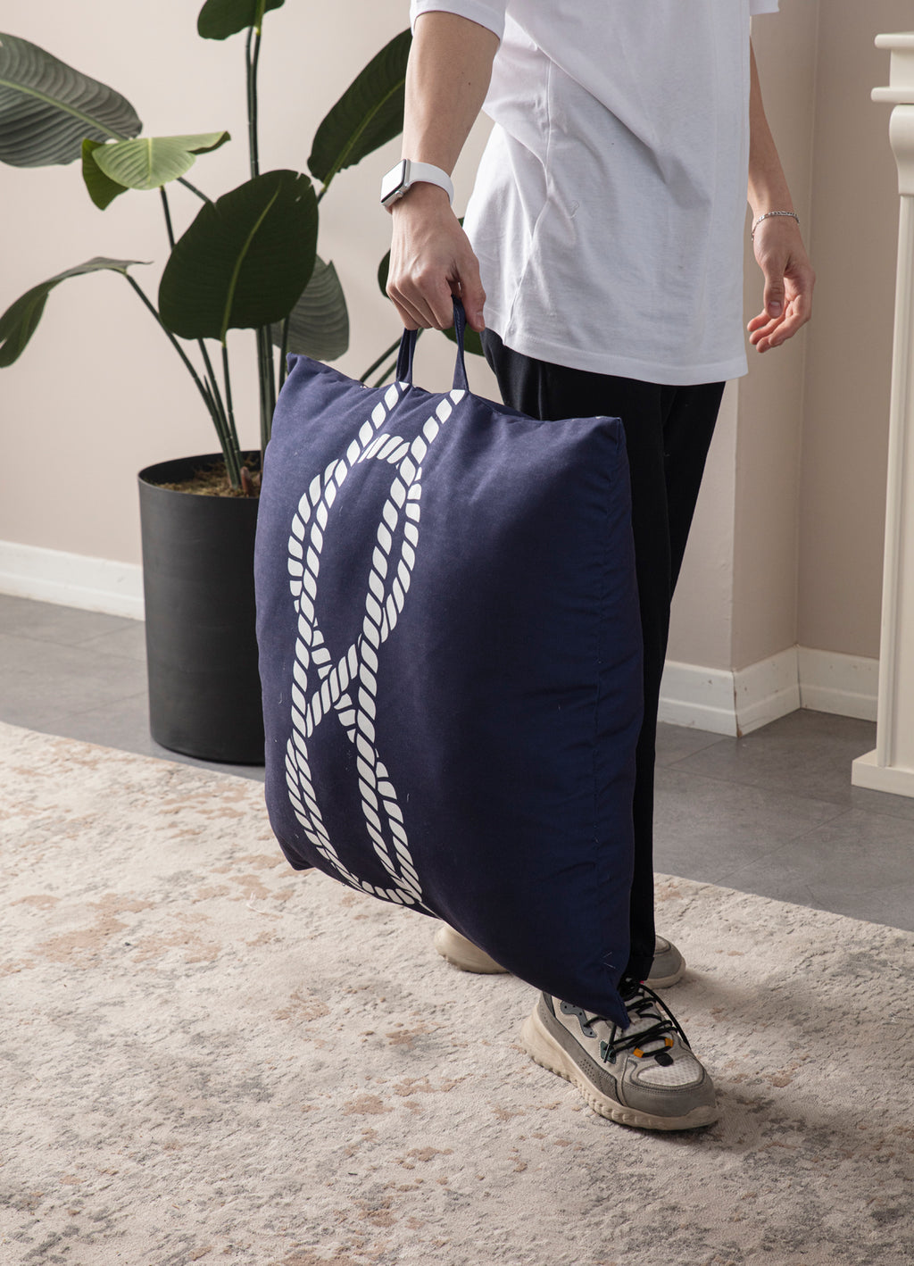 Kare Yer Minderi Aynasız, Dekoratif Puf Minder Kare, Taşınabilir Yastık, Mavi Çapa Desenli