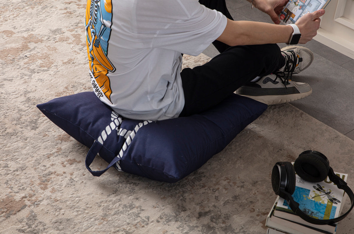 Kare Yer Minderi Aynasız, Dekoratif Puf Minder Kare, Taşınabilir Yastık, Mavi Çapa Desenli