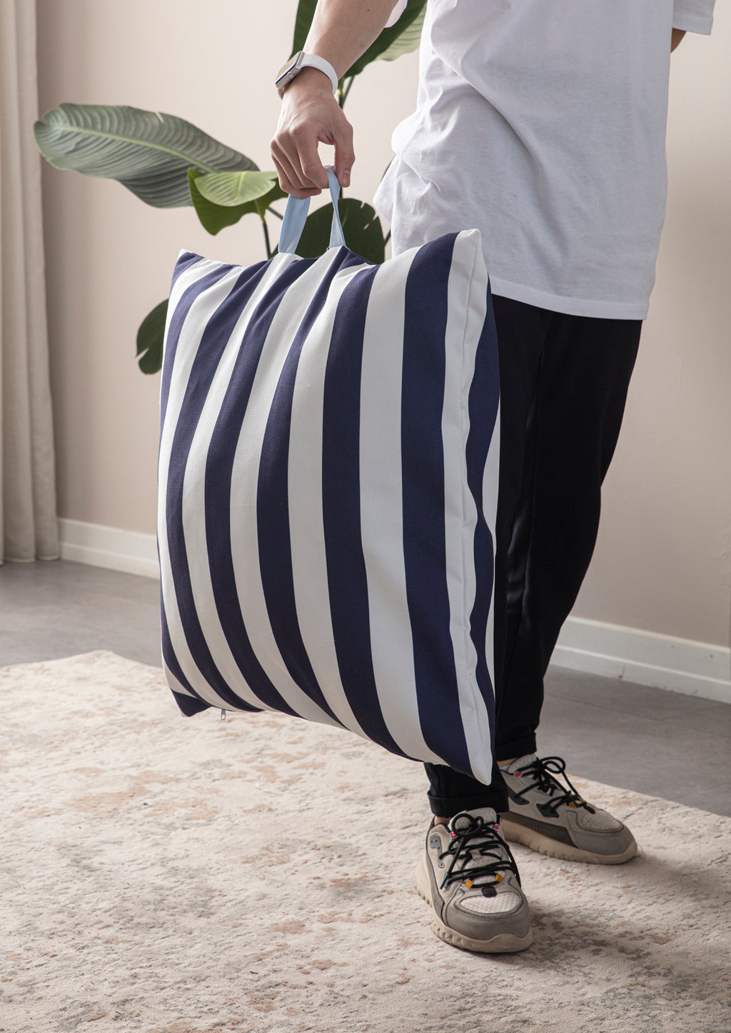 Kare Yer Minderi Aynasız, Dekoratif Puf Minder Kare, Taşınabilir Yastık, Mavi Çizgili