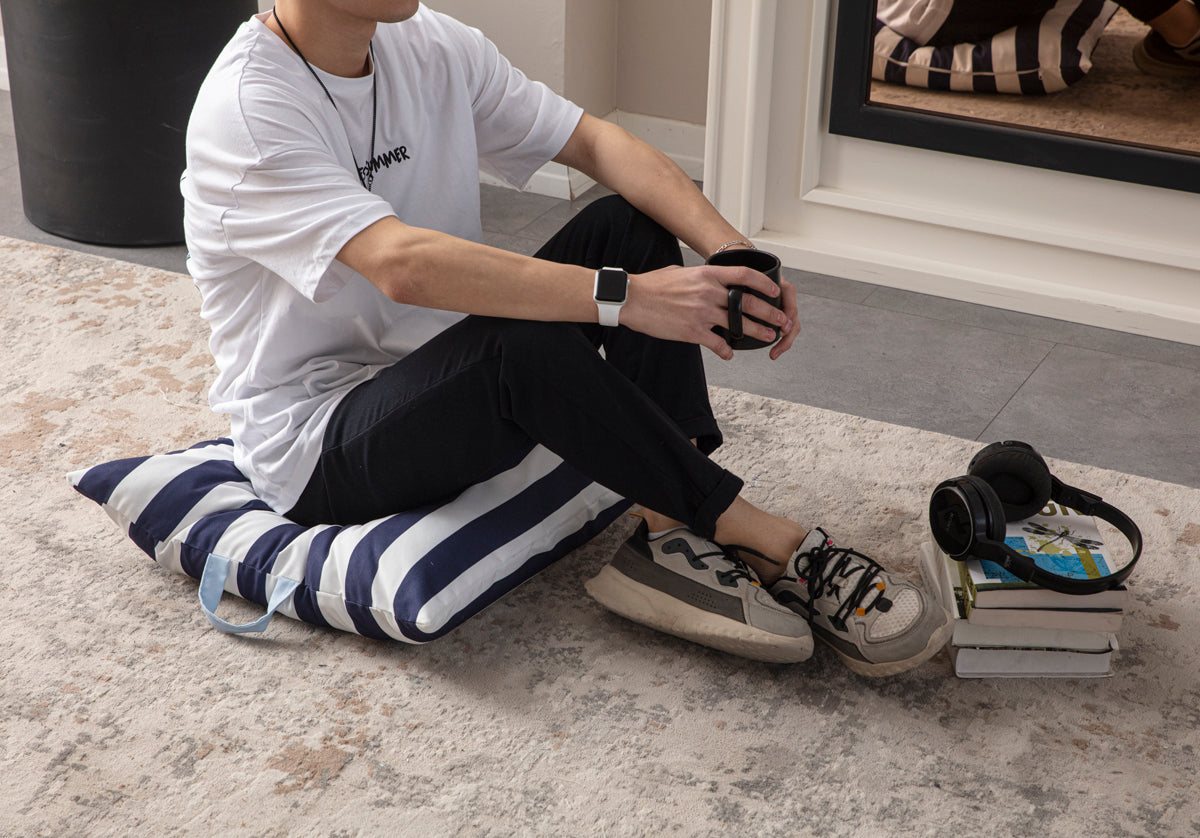 Kare Yer Minderi Aynasız, Dekoratif Puf Minder Kare, Taşınabilir Yastık, Mavi Çizgili