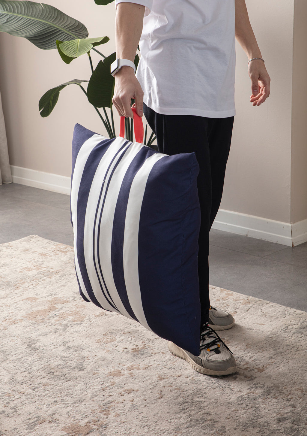 Kare Yer Minderi Aynasız, Dekoratif Puf Minder Kare, Taşınabilir Yastık, Çizgili Mavi Renk