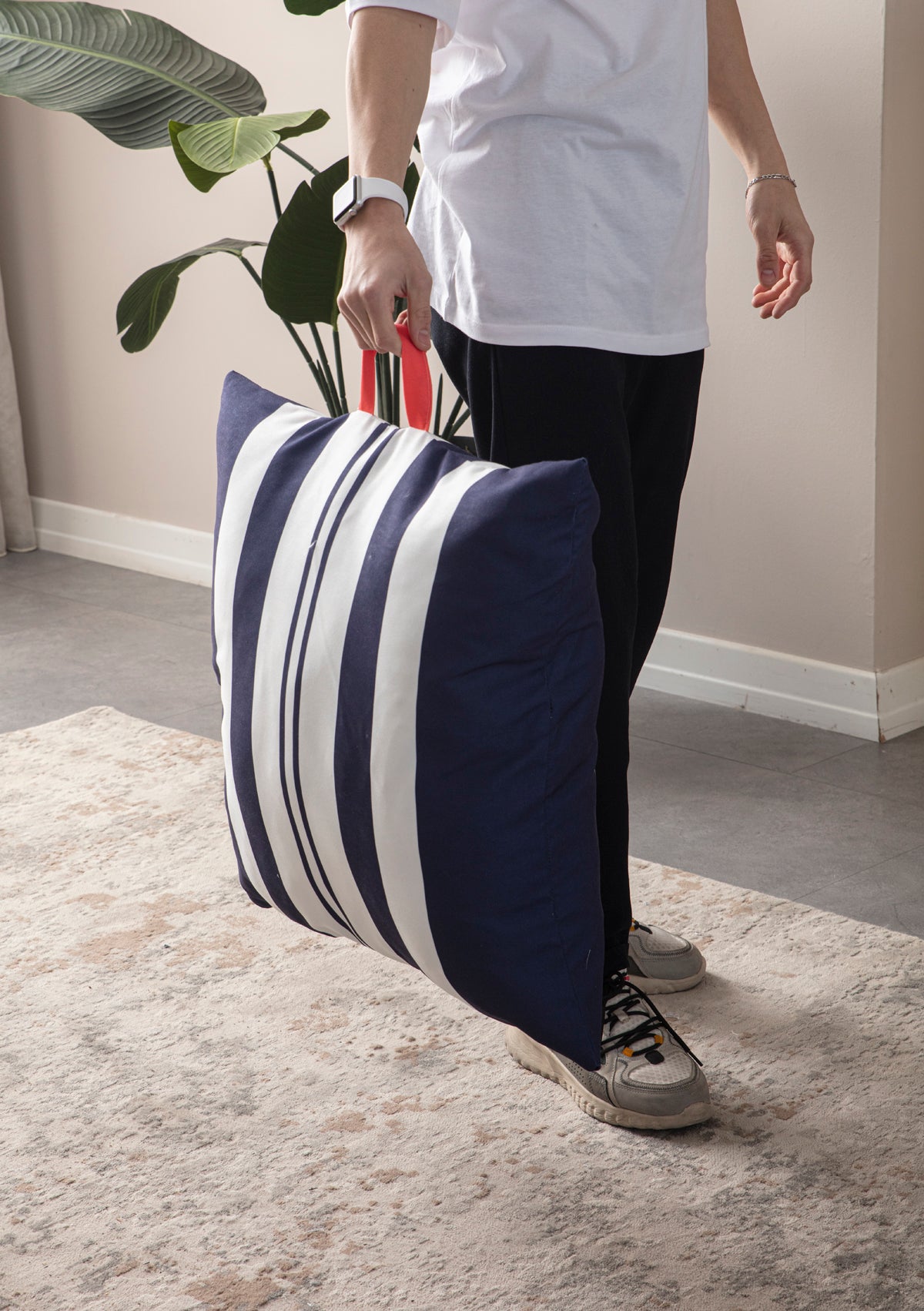 Kare Yer Minderi Aynasız, Dekoratif Puf Minder Kare, Taşınabilir Yastık, Çizgili Mavi Renk