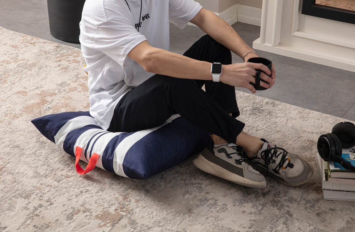 Kare Yer Minderi Aynasız, Dekoratif Puf Minder Kare, Taşınabilir Yastık, Çizgili Mavi Renk