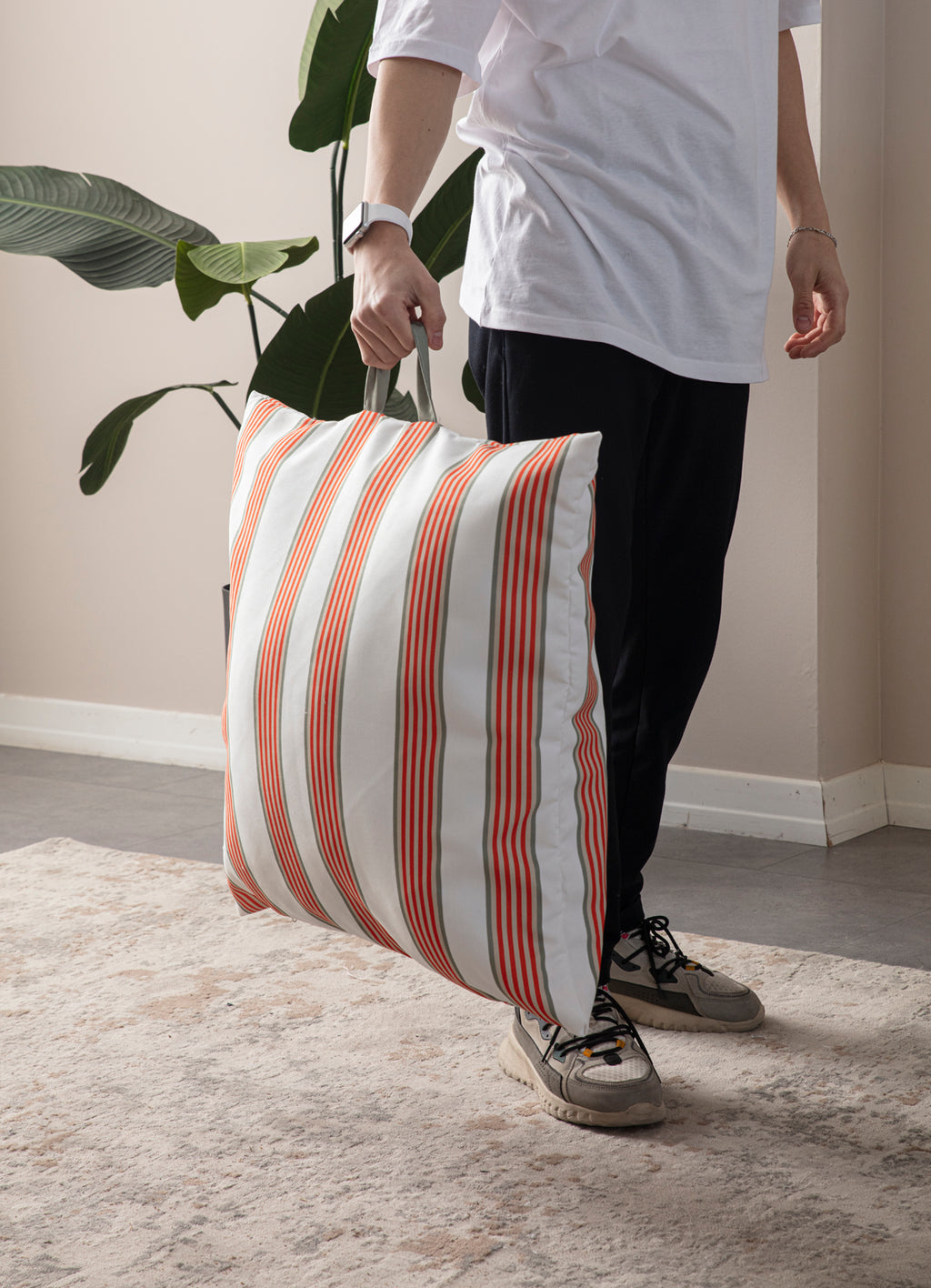 Kare Yer Minderi Aynasız, Dekoratif Puf Minder Kare, Taşınabilir Yastık, Turuncu Çizgili